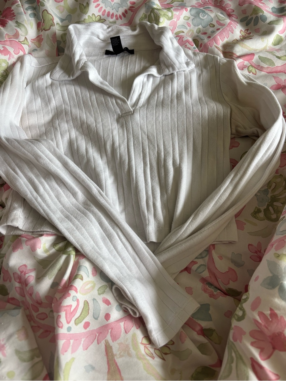 Forever 21 White Ribbed Long-Sleeve Polo Top
